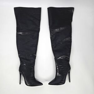 Pretty Little Thing Shoe Women's 5 Croc PU Pointed High Heel Over The Knee Boots